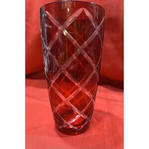 Crystal Cut-To-Clear Ruby Red Floral Vase Diamond Pattern approx 8.5"